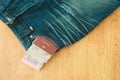 Top view. passport book and money insert on pocket jean pants wi Royalty Free Stock Photo