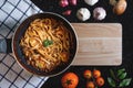 Top view, Pasta Bolognese tomatoes sauce in frying pan with fresh ingredient Royalty Free Stock Photo