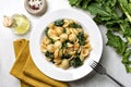 Top view of pasta Orecchiette con le cime di rapa e le acciughe Royalty Free Stock Photo