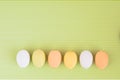 Top view pastel colors eggs row on greenery background