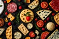 Top view pattern of different types and colors of cheese, salami, tomato slices, and berries on a black background Royalty Free Stock Photo