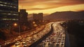 Top View, Peak hour traffic at sunset. Generative AI