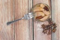 Top View on a Pear Compote on Wooden Table with Star Anise & Cinnamon Royalty Free Stock Photo