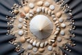 top view of pebbles arranged to resemble a seashell on a beach corner Royalty Free Stock Photo