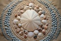 top view of pebbles arranged to resemble a seashell on a beach corner Royalty Free Stock Photo