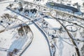 Top view of the pedestrian bridge over the frozen Svisloch river in Minsk. Belarus