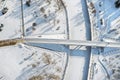 Top view of the pedestrian bridge over the frozen Svisloch river in Minsk. Belarus