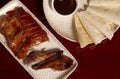Top view of Peking lacquered duck accompanied by crepes and sauce. Isolated image