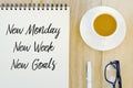 Top view of pen,glasses,a cup of coffee and notebook written with New Monday,New Week,New Goals. Royalty Free Stock Photo