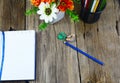 top view of pencils case , blue pencil ,opened notebook Royalty Free Stock Photo