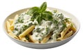 top view, penne with spinach gorgonzola sauce