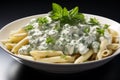 top view, penne with spinach gorgonzola sauce