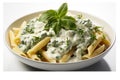 top view, penne with spinach gorgonzola sauce