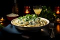 top view, penne with spinach gorgonzola sauce