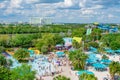 Top view of people enjoying beaches , pools and water attractions at Aquatica and Hilton Hotel in International Drive area. Royalty Free Stock Photo