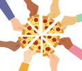 Top view of people hands taking pizza slices on white background Royalty Free Stock Photo