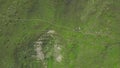 Top view of people relaxing on mountain path with green grass. Clip. Beautiful mountain slope with green lush grass and