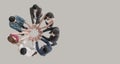 Top view of people in team hands at the circle together as unity and teamwork in office. Royalty Free Stock Photo