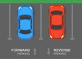 Top view of a perpendicular parked cars. Forward and reverse parking.