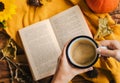 Top view of a person holding a cup of coffee and reading a book Royalty Free Stock Photo