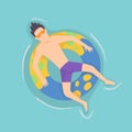 Top view persone floating on air mattress in swimming pool. Men relaxing and sunbathing on inflatable ring shape. Vector Royalty Free Stock Photo