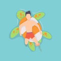 Top view persone floating on air mattress in swimming pool. Men relaxing and sunbathing on inflatable ring turtle shape Royalty Free Stock Photo