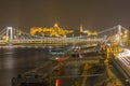 Top view from the Pest side of the Elisabeth Bridge and Buda castle background in Budapest at night. Royalty Free Stock Photo