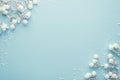Top View Photo Of Christmas Decorations Snow Branches In The Corners On Isolated Pastel Blue Background With Copyspace