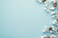Top View Photo Of Christmas Decorations Snow Branches With Pine Cones On Isolated Pastel Blue Background With Blank Space
