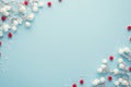Top View Photo Of Christmas Decorations Snow Branches With Red Berries On Isolated Pastel Blue Background With Copyspace