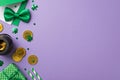 Top view photo of the confetti in shape of clovers and dots pot with golden coins two straws cute giftbox and green envelope with Royalty Free Stock Photo