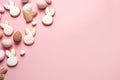 Top view photo of easter eggs and bunny-shaped cookies