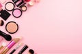 Top view photo of eye shadow palette lipstick compact powder blush Royalty Free Stock Photo