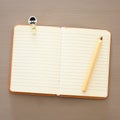 Top view photo of open notebook with empty pages over wooden background. Royalty Free Stock Photo