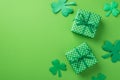 Top view photo of saint patrick`s day decorations two green gift boxes with polka dot pattern and shamrocks on isolated pastel Royalty Free Stock Photo