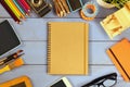 Top view photo of school supplies on wooden table Royalty Free Stock Photo