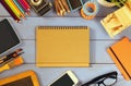 Top view photo of school supplies on wooden table Royalty Free Stock Photo