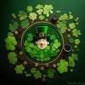 Top view photo of St. Patrick\'s Day Meme with clover leaf and accessories on the green background. Generative AI