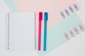 Top view photo of stationery on pink and blue background. Set of Royalty Free Stock Photo