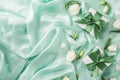 Top view photo of the two white gift boxes with nice green ribbons and beautiful white eustomas with confetti in shape of hearts Royalty Free Stock Photo
