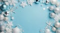 Top view photo of white blue and silver christmas tree decorations snowflake stars balls