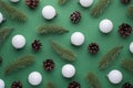 Top view photo of white christmas tree balls pine twigs and cones on isolated green background Royalty Free Stock Photo