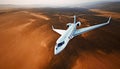 Top View Photo White Luxury Generic Design Airplane.Private Jet Cruising High Altitude, Flying Over Mountains.Empty Blue