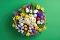 Top view photo of a white woven basket filled with colorful Easter eggs