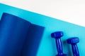 Top view of a photograph of blue dumbbells and a blue exercise mat against a blue and white background