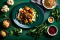 A top-view photograph capturing the culinary delight of a delicious meal featuring roasted cauliflower, mashed potatoes, and Royalty Free Stock Photo
