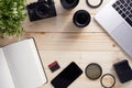 Top view of photographer desk with latptop, camera and lenses with copy space Royalty Free Stock Photo