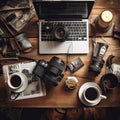 Top view of photographer work space concept with digital camera, laptop, lenses, cup of tea, coffee and different Royalty Free Stock Photo