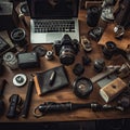 Top view of photographer work space with different accessories. Digital camera, laptop, lenses, cup of tea, coffee on Royalty Free Stock Photo