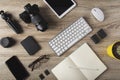 Top view of photographer workstation, workspace concept with digital camera, laptop, memory card, smartphone and external hard Royalty Free Stock Photo